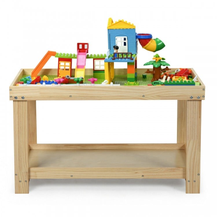 Multifunctional kids activity play table made of natural pine wood, featuring a removable tabletop and double storage.