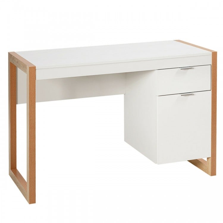 Modern white computer desk with wooden accents, featuring a large drawer and cabinet for ample storage space.
