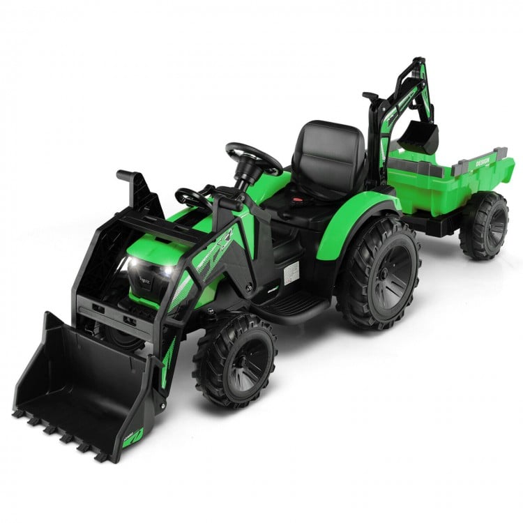 Kids ride-on excavator in green with a close-up view of the shovel bucket and durable wear-resistant wheels for outdoor.