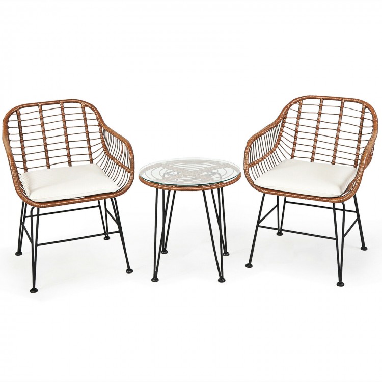 Close-up of the soft white cushion on a rattan armchair from the 3 Pieces Patio Bistro Set, perfect for outdoor comfort.