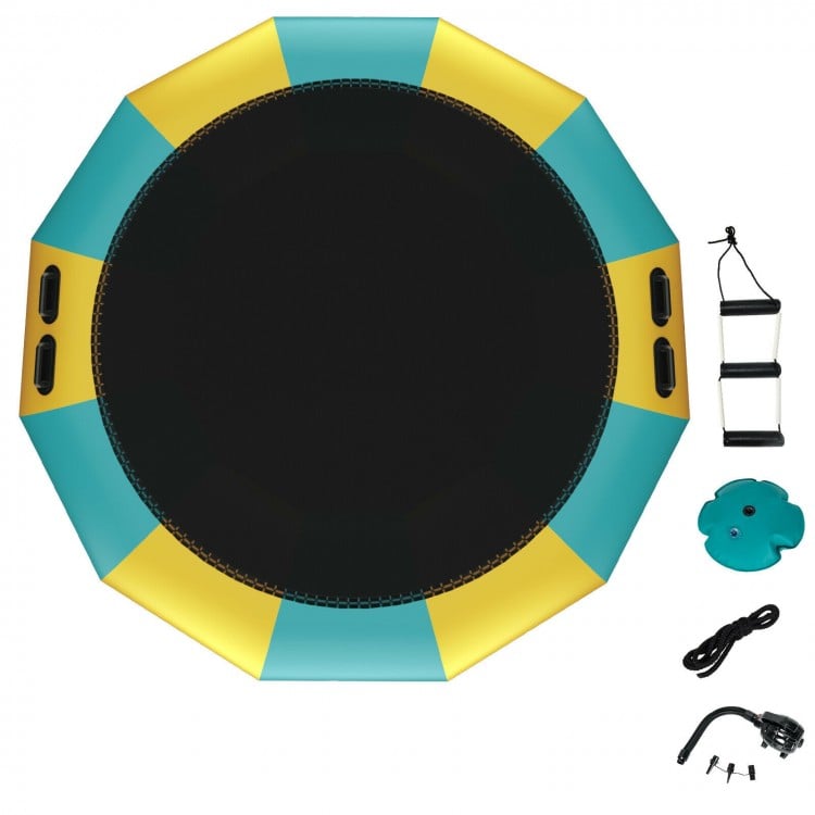 15-foot inflatable water bouncer trampoline in yellow and teal, featuring a large bouncing area and included.