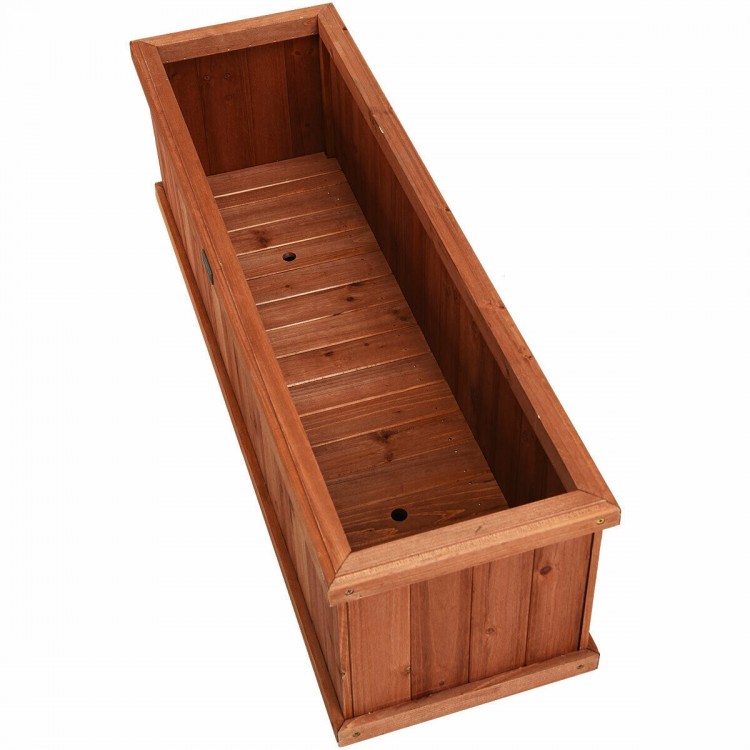 Long wooden decorative planter box made of natural fir, suitable for indoor and outdoor use, with drainage holes.