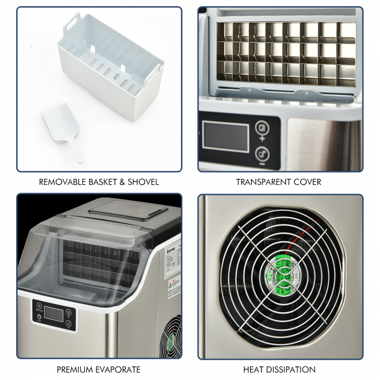 Close-up of the electric portable countertop ice maker showing the transparent cover and control panel for easy.