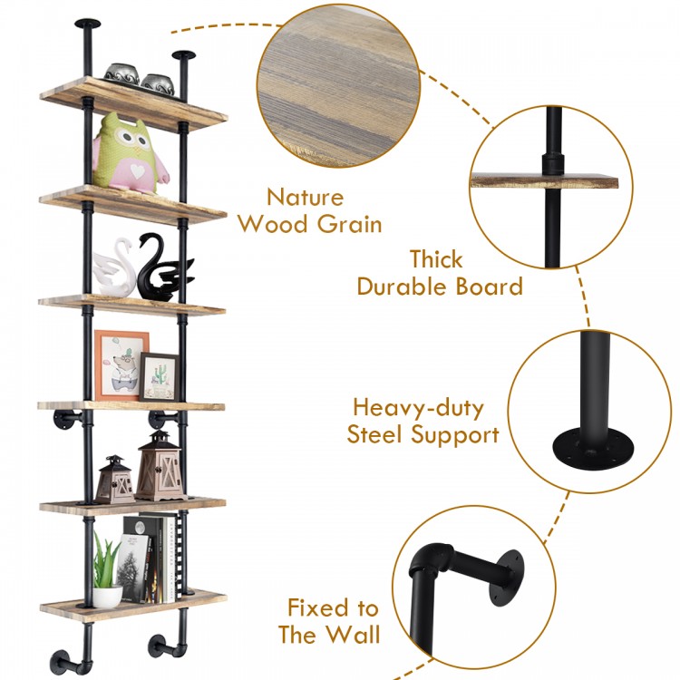 6-tier industrial wall-mounted pipe shelves with thick MDF boards and sturdy metal support for versatile storage.
