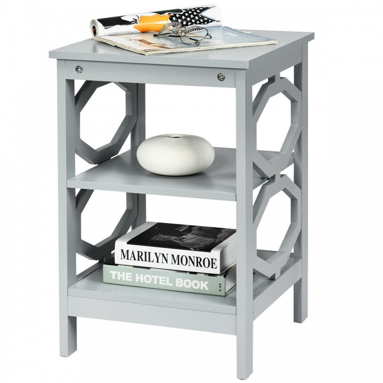 Gray 3-tier nightstand with elegant geometric side detailing, perfect for stylish storage and display in any room.