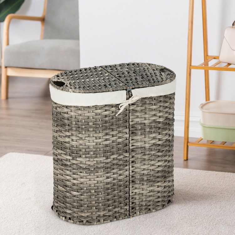 Handwoven gray laundry hamper basket with lift-up lid and two removable liner bags for easy organization.