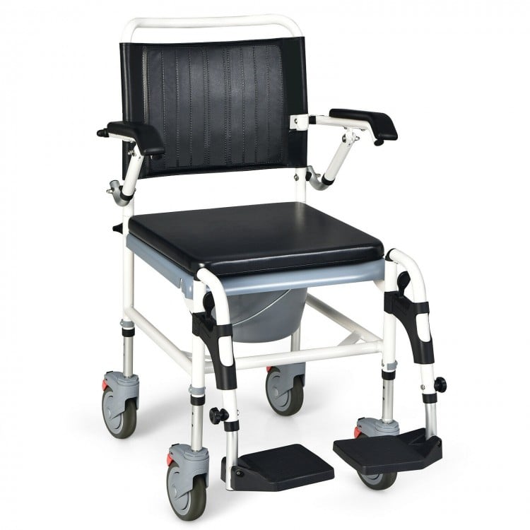 4-in-1 bedside commode wheelchair with detachable bucket, adjustable height, and waterproof PVC surface for comfort and.
