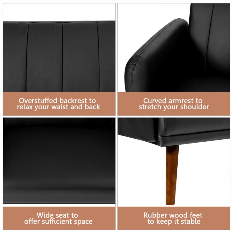 Overstuffed backrest and curved armrests of the black 3-seat convertible sofa bed for ultimate comfort in any room.