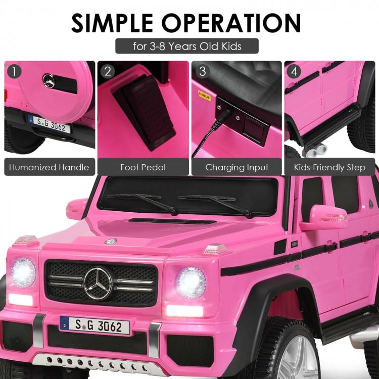 Pink 12V licensed Mercedes-Benz kids ride-on car featuring a humanized handle, foot pedal, and LED lights for fun.