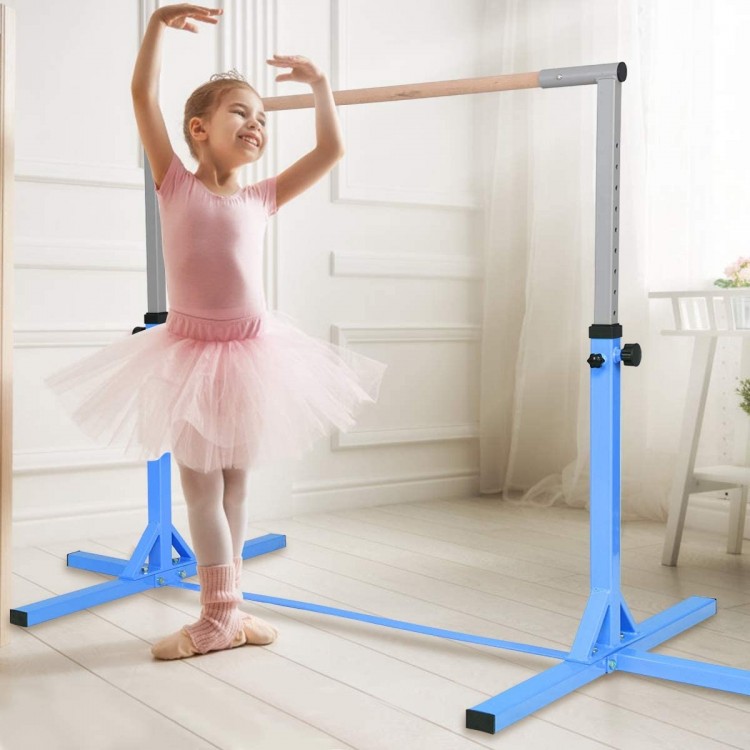 Adjustable blue gymnastics horizontal bar for kids, height 36"-59", ideal for beginner home training.