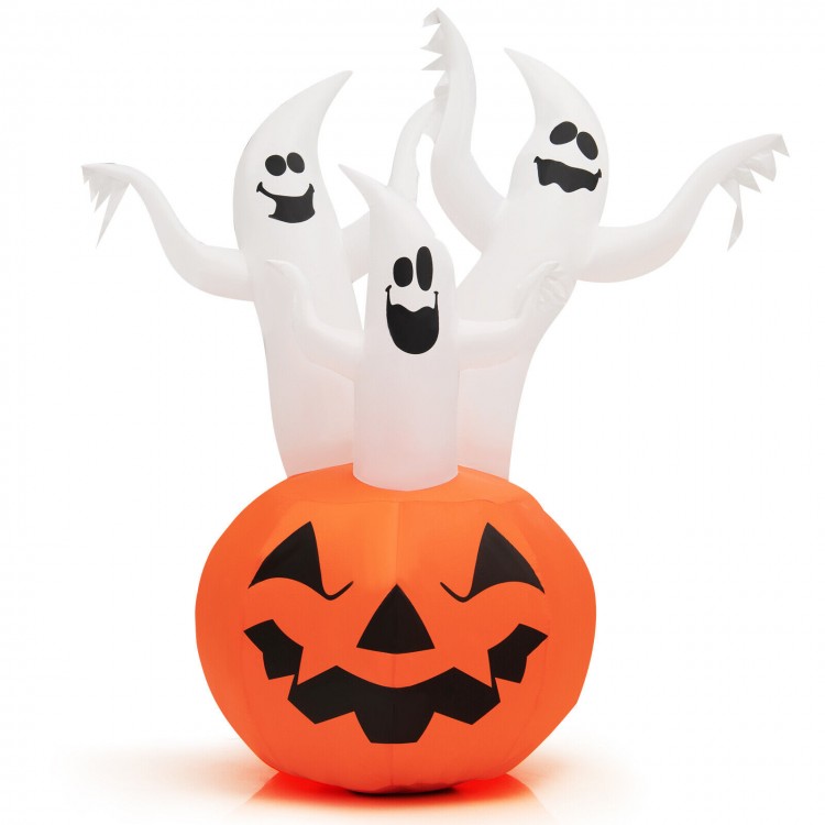Inflatable Halloween decoration featuring three ghosts emerging from a grinning pumpkin, ideal for yard parties.