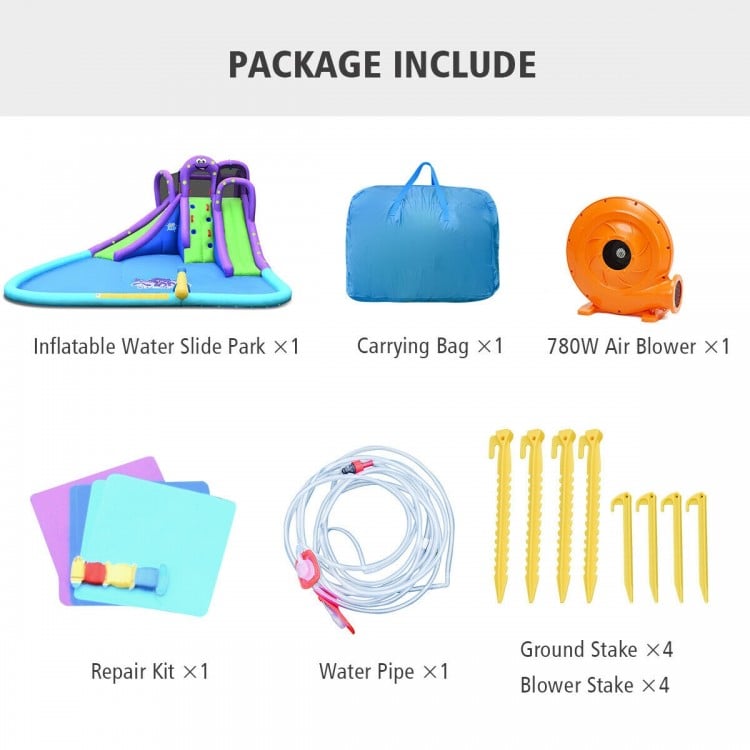 Inflatable Water Park with pool, octopus design, includes blower, carrying bag, and repair kit for backyard fun.
