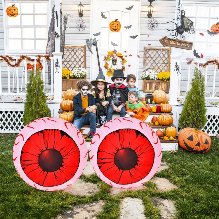 Two 3-foot Halloween inflatable eyeballs with bloodshot patterns, LED lights, and tethers for outdoor decoration.
