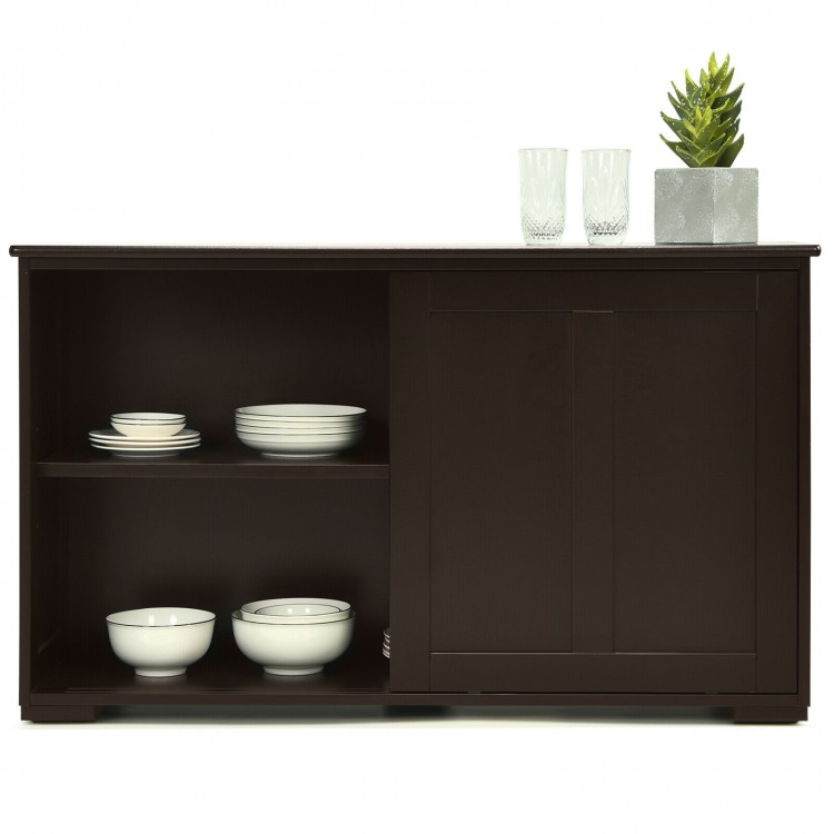 Kitchen storage cabinet with wood sliding door, featuring two shelves and a spacious top for display or storage.