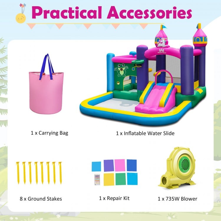 Unicorn-themed 6-in-1 kids inflatable bounce house with slide, ball pit, and 735W blower for outdoor fun.