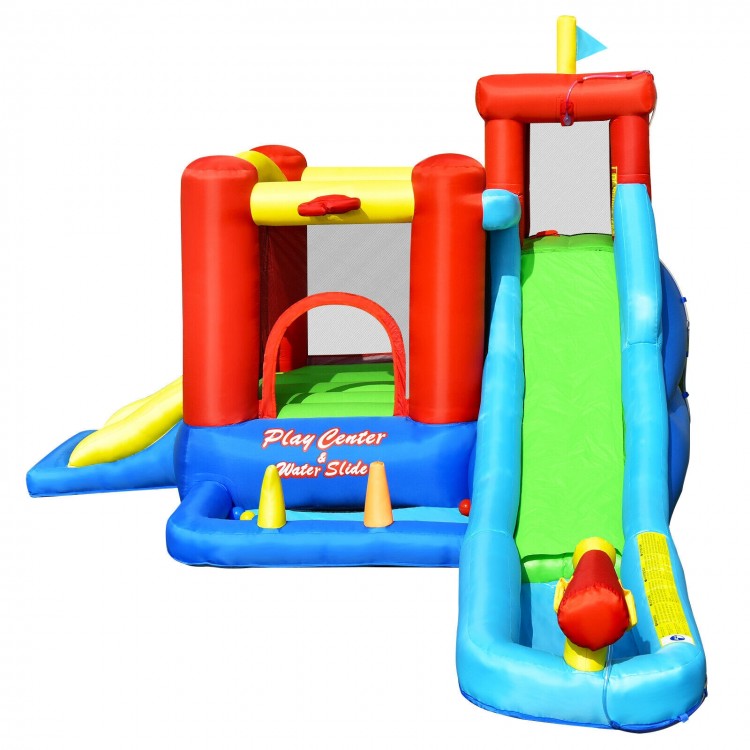 Inflatable kids water slide bounce house with slide, splash pool, and ball pit for outdoor summer fun.