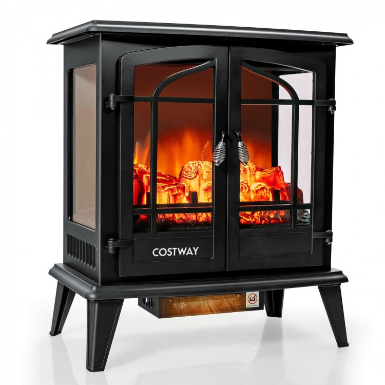 Black 25-inch electric fireplace heater with a 3-sided design, offering a cozy flame effect and adjustable temperature.