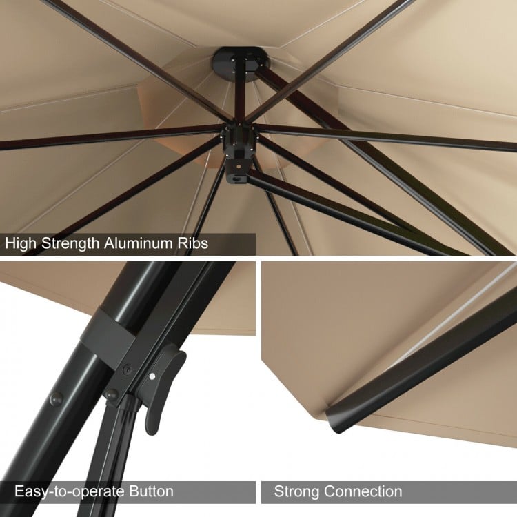 Close-up of the 11 feet outdoor cantilever umbrella's high-strength aluminum ribs and easy-to-operate button for.