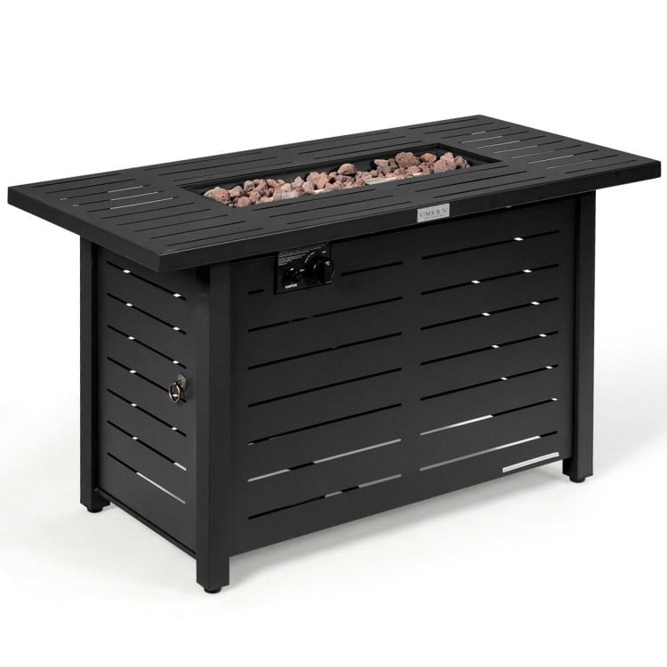 Rectangular 42-inch propane fire pit table with lava rocks, adjustable foot pads, and waterproof cover for outdoor.