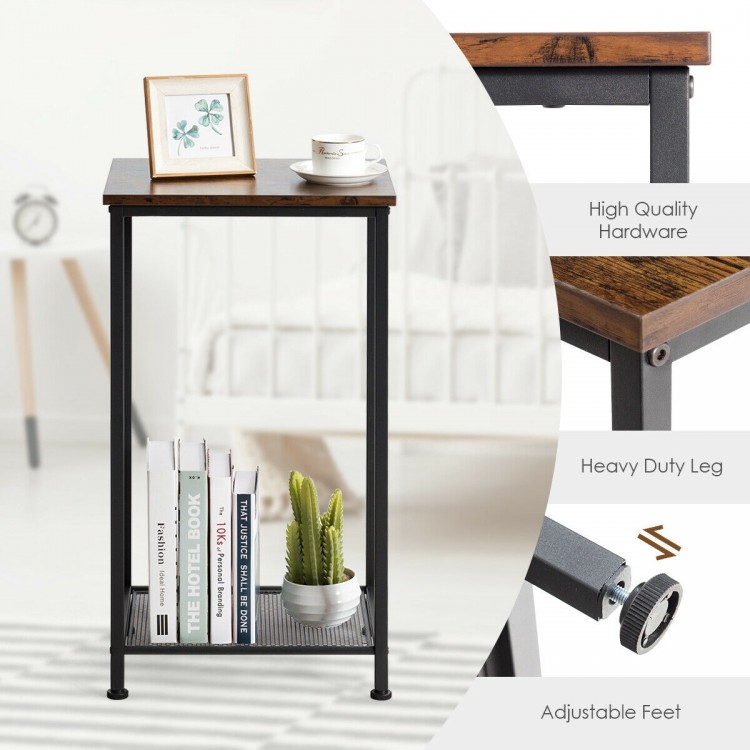 2-tier industrial end table with a rustic top, metal mesh shelf, and adjustable feet for versatile storage solutions.