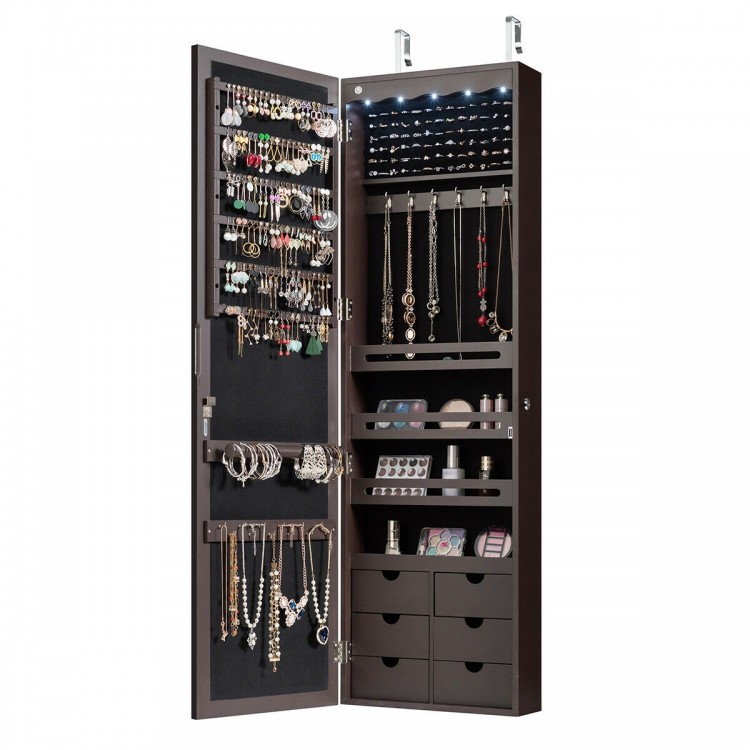 Lockable coffee jewelry cabinet armoire with 5 LED lights and 6 drawers, ideal for organized accessory storage.