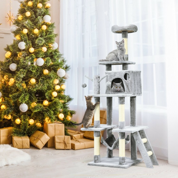 Multi-level 66-inch gray cat tree with condo, hammock, and scratching posts for active play and relaxation.