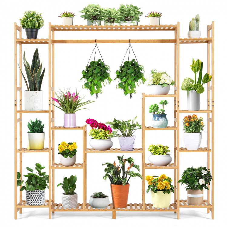 9-tier bamboo plant stand featuring various potted plants and a hanging rack, ideal for gardens and living spaces.
