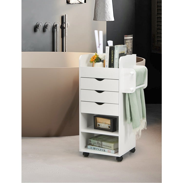 White wooden utility rolling craft storage cart with a smooth surface, featuring ample storage and 4 rolling casters.