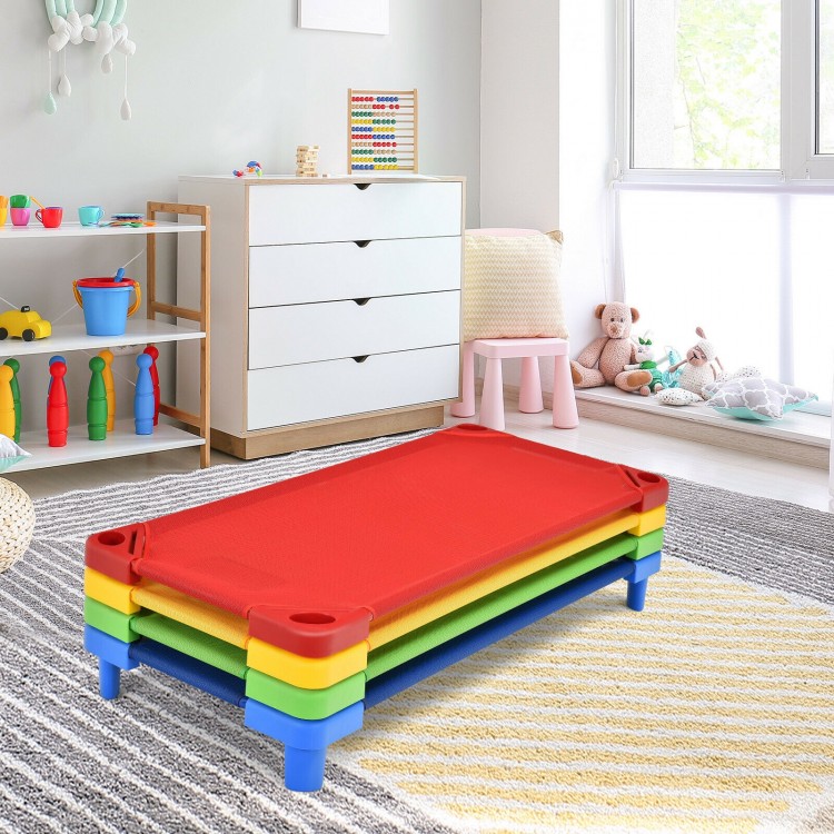 Colorful stackable naptime cots with a heavy-duty steel frame, ideal for preschools and playrooms.