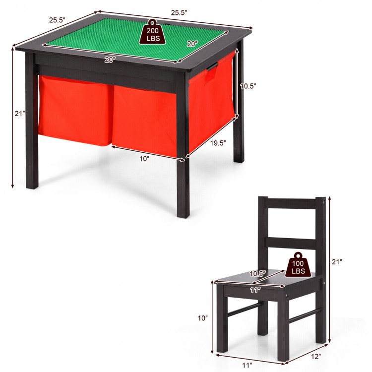 Kids activity table with storage drawers and two chairs, dark brown, suitable for play and writing, ergonomic design.