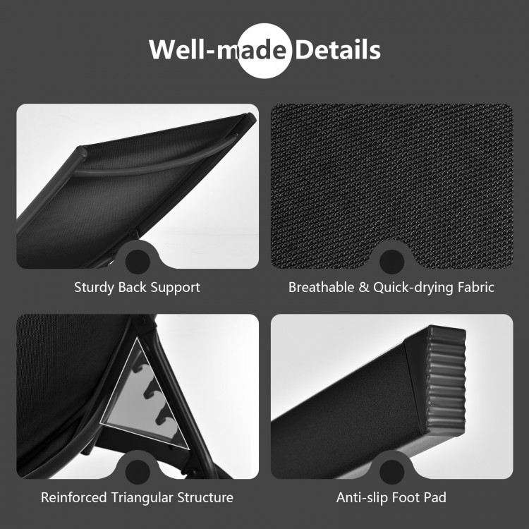 Detail shots of the 6-position adjustable outdoor chaise recliner showcasing breathable fabric and anti-slip foot pad.