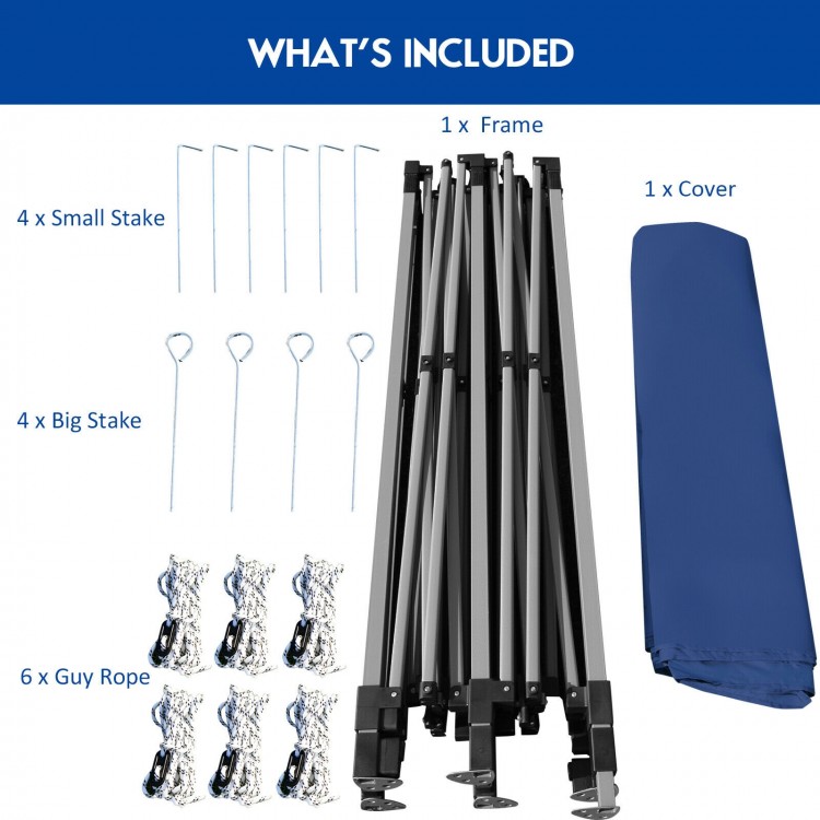 Adjustable folding sun shelter frame with stakes, guy ropes, and carrying bag for outdoor events and protection.