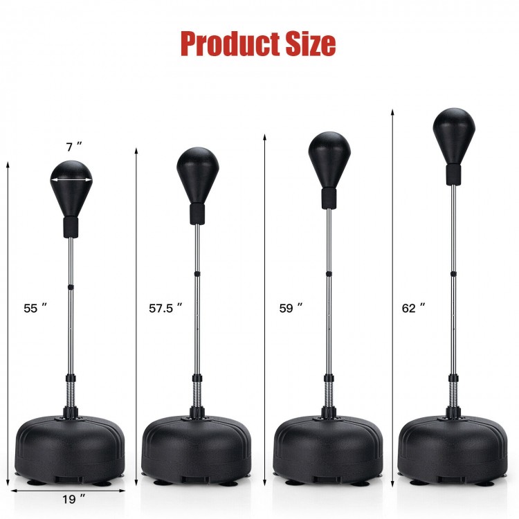 Adjustable freestanding punching bag with height settings, durable base, and included breathable gloves for fitness.