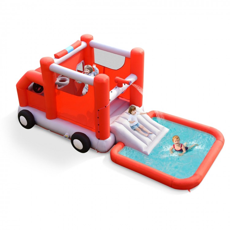 Fire truck-themed inflatable bounce house with slide and splash pool for kids' outdoor fun and role-play activities.