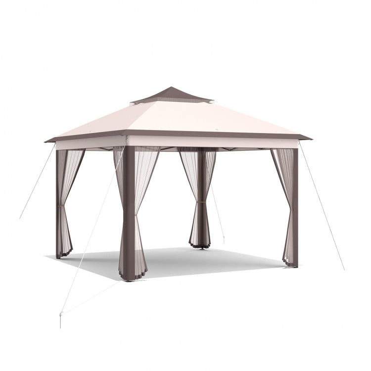 11 x 11 feet pop-up gazebo tent in beige with mesh netting, double-vented roof, and portable carry bag for outdoor use.