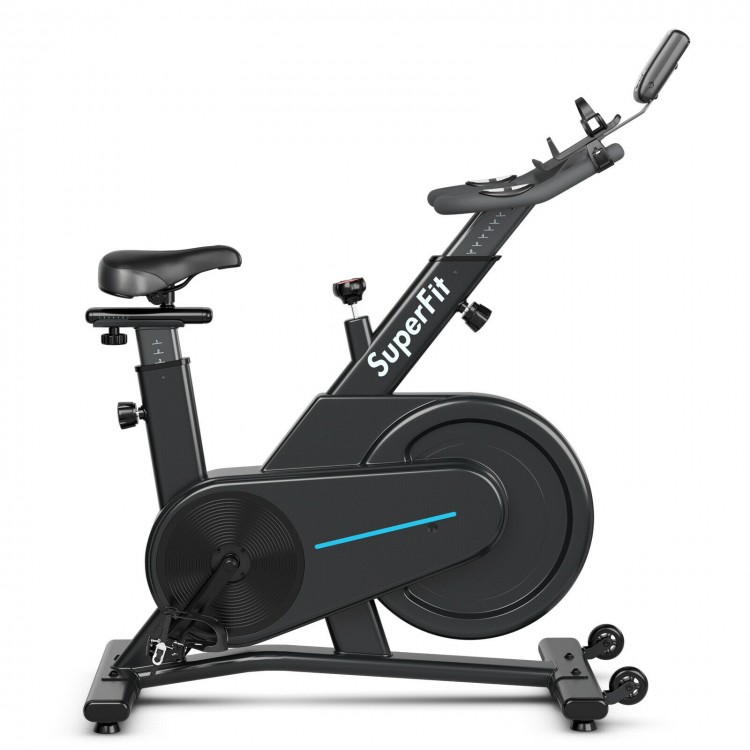 Magnetic exercise bike with adjustable seat and handle, featuring a heavy-duty steel frame and LCD panel for home.