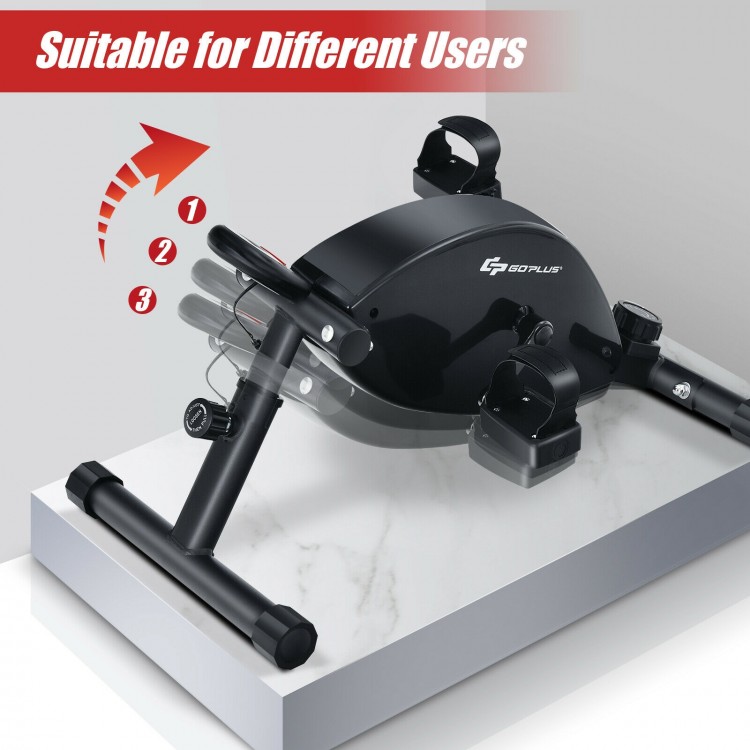 Portable under desk bike pedal exerciser with adjustable magnetic resistance, featuring a sturdy frame and compact.