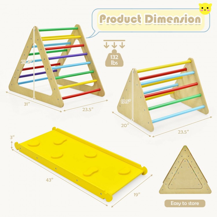 3-in-1 wooden climbing toy set featuring two triangle climbers and a yellow ramp, designed for kids' play and.