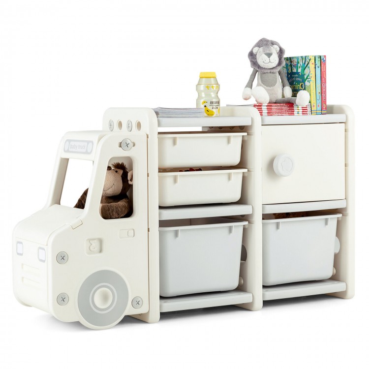 Toddler truck storage organizer in beige with 2 large bins and drawers, perfect for kids' rooms and play areas.
