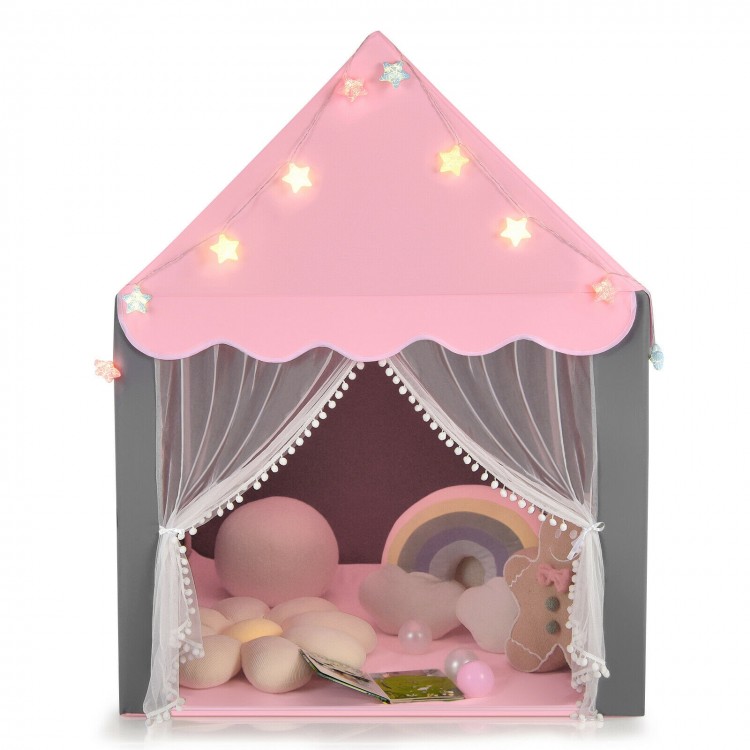 Kids playhouse tent in pink with star lights, mesh windows, and a comfortable mat for indoor fun and safety.
