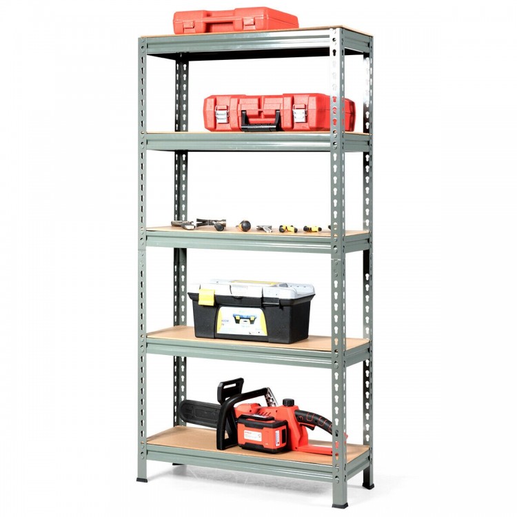 5-tier gray steel shelving unit with adjustable MDF shelves, ideal for organizing tools and heavy items in a garage or.