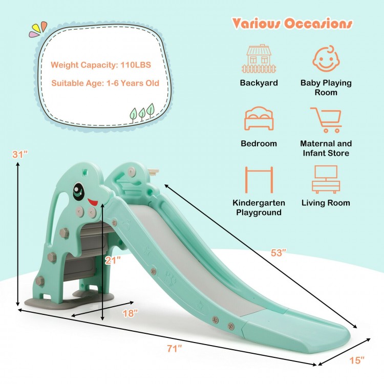 3-in-1 kids climber slide play set in green with basketball hoop, designed for safe play in backyards or playrooms.