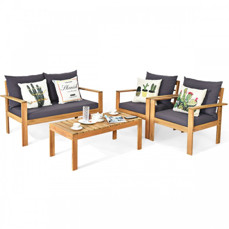 4-piece outdoor acacia wood chat set with removable cushions, perfect for patio relaxation and family gatherings.