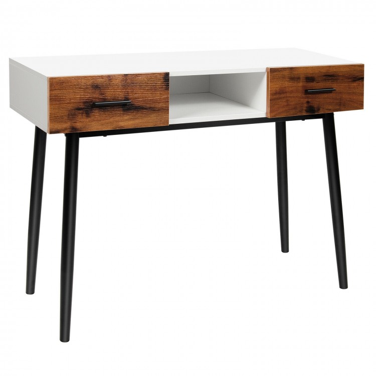 42-inch industrial console table with two drawers, featuring a sleek design and sturdy metal legs, perfect for.