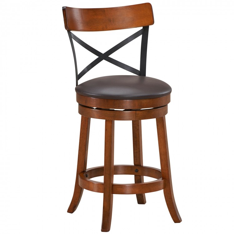 360-degree swivel bar stool with rubberwood legs, curved backrest, and soft cushion for comfort in kitchens or bars.