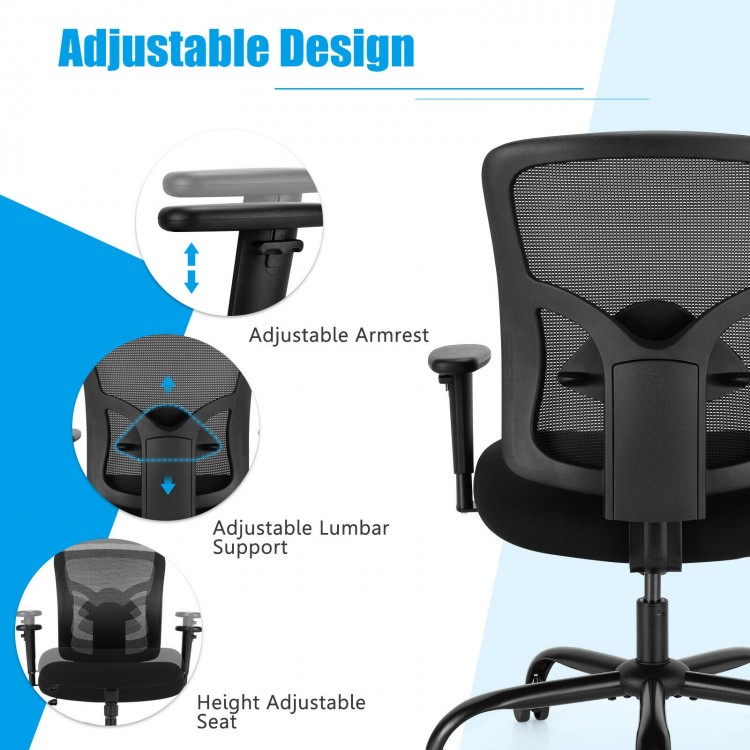 Adjustable lumbar support and armrest of the 400LBS Mesh Big and Tall Office Chair for enhanced comfort and convenience.
