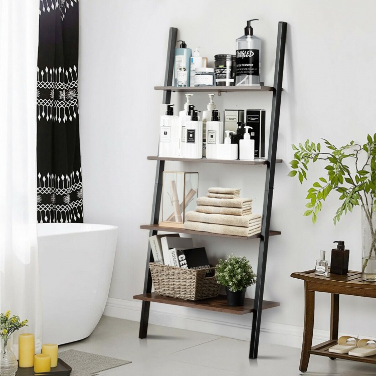 4-tier industrial leaning wall bookcase in brown with metal frame, ideal for organizing books and decor in small spaces.