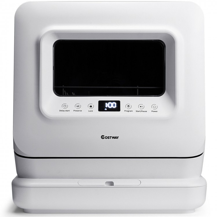 Portable countertop dishwasher with 7.5L water tank, featuring 5 programs and child lock for safe operation.