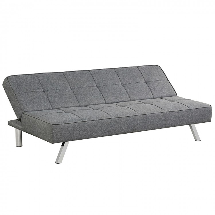 Convertible 3-seat sofa bed in grey linen fabric with adjustable angles, perfect for small apartments and versatile use.