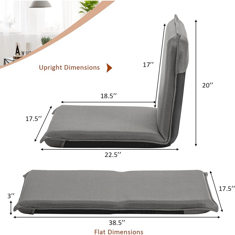 Adjustable gray floor chair in upright position, featuring 6 positions for comfort and support in any room.